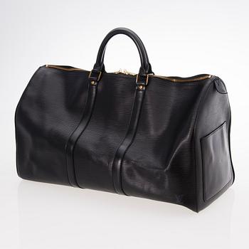 LOUIS VUITTON A BLACK EPI LEATHER KEEPALL 50 TRAVEL BAG.