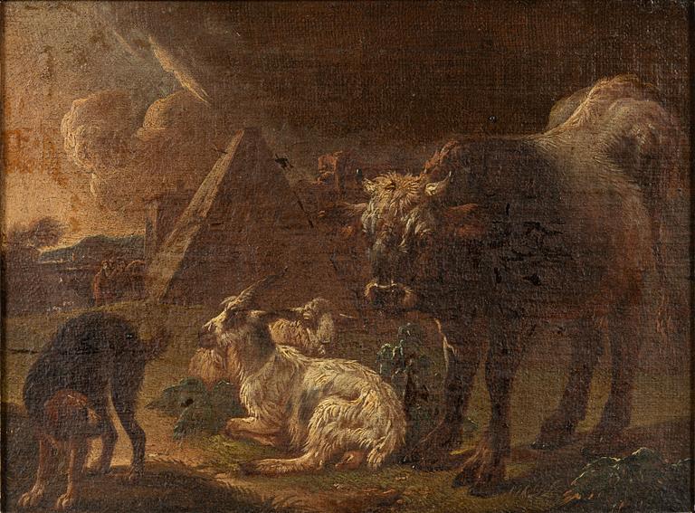 Philipp Peter Roos, his circle, a couple, landscape with horses, goats, and cows.