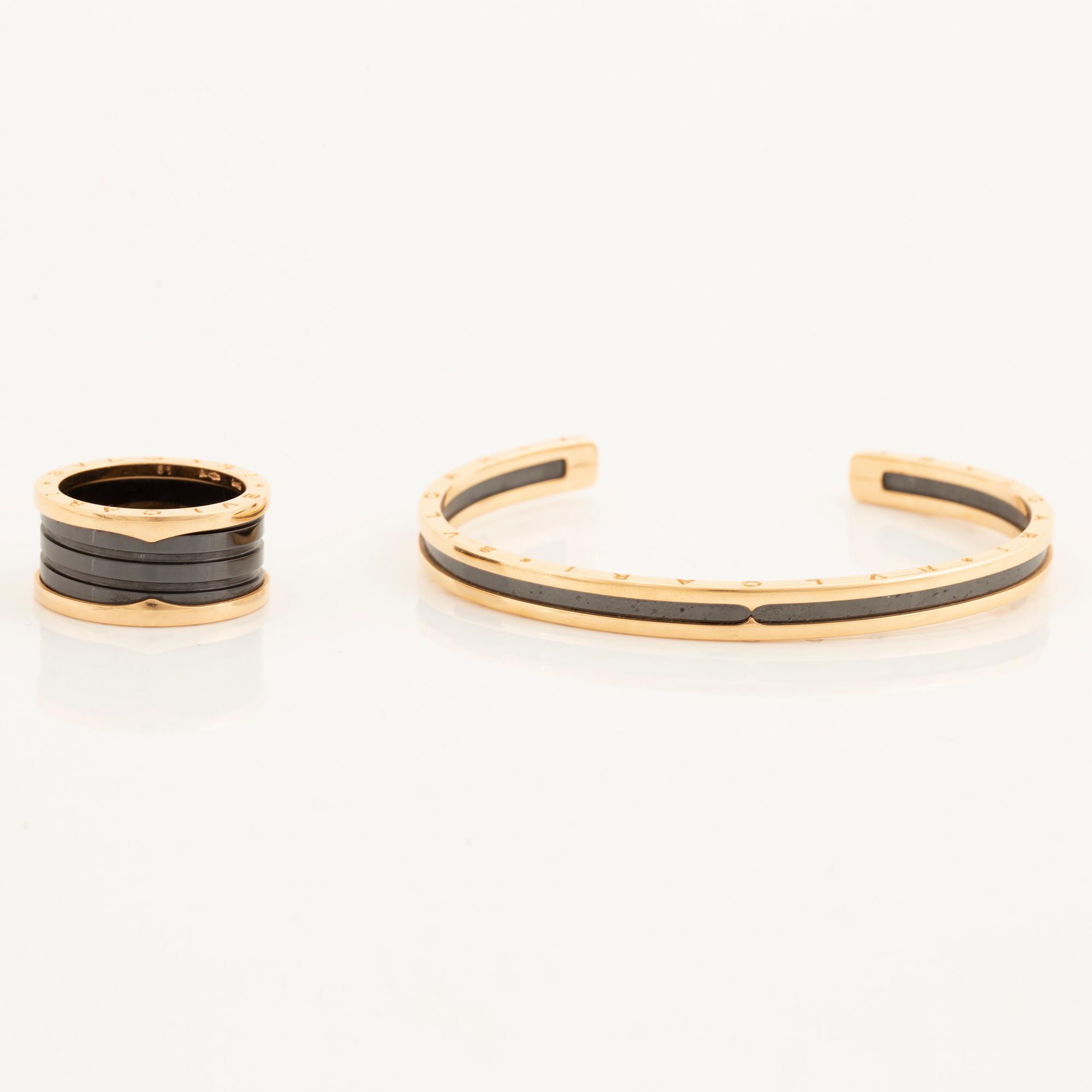 Bulgari, Ring and bangle B.zero1. 18K gold, steel and black ceramics.
