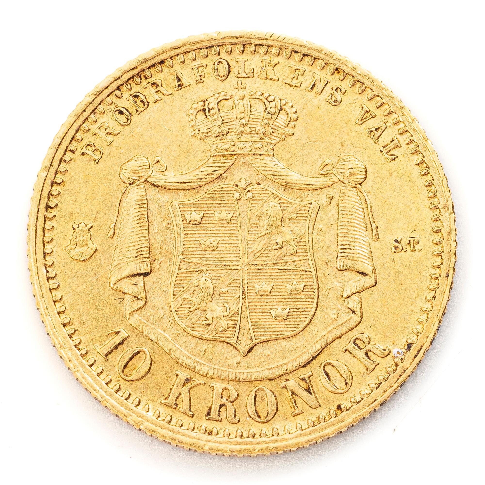 Guldmynt, Sverige, Oskar II,  10 kronor, 1874.