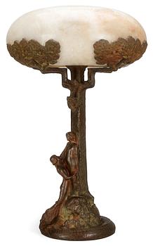 514. A Karl Hultström Art Nouveau patinated bronze and alabaster table lamp by Nordiska Kompaniet, Stockholm circa 1900.