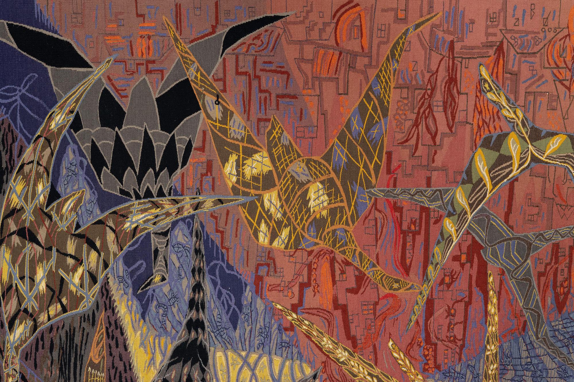 Lars Gynning, vävd tapet "Flyttfåglar", gobelängteknik, ca 230 x 150 cm, PF Aubusson signerad Gynning.
