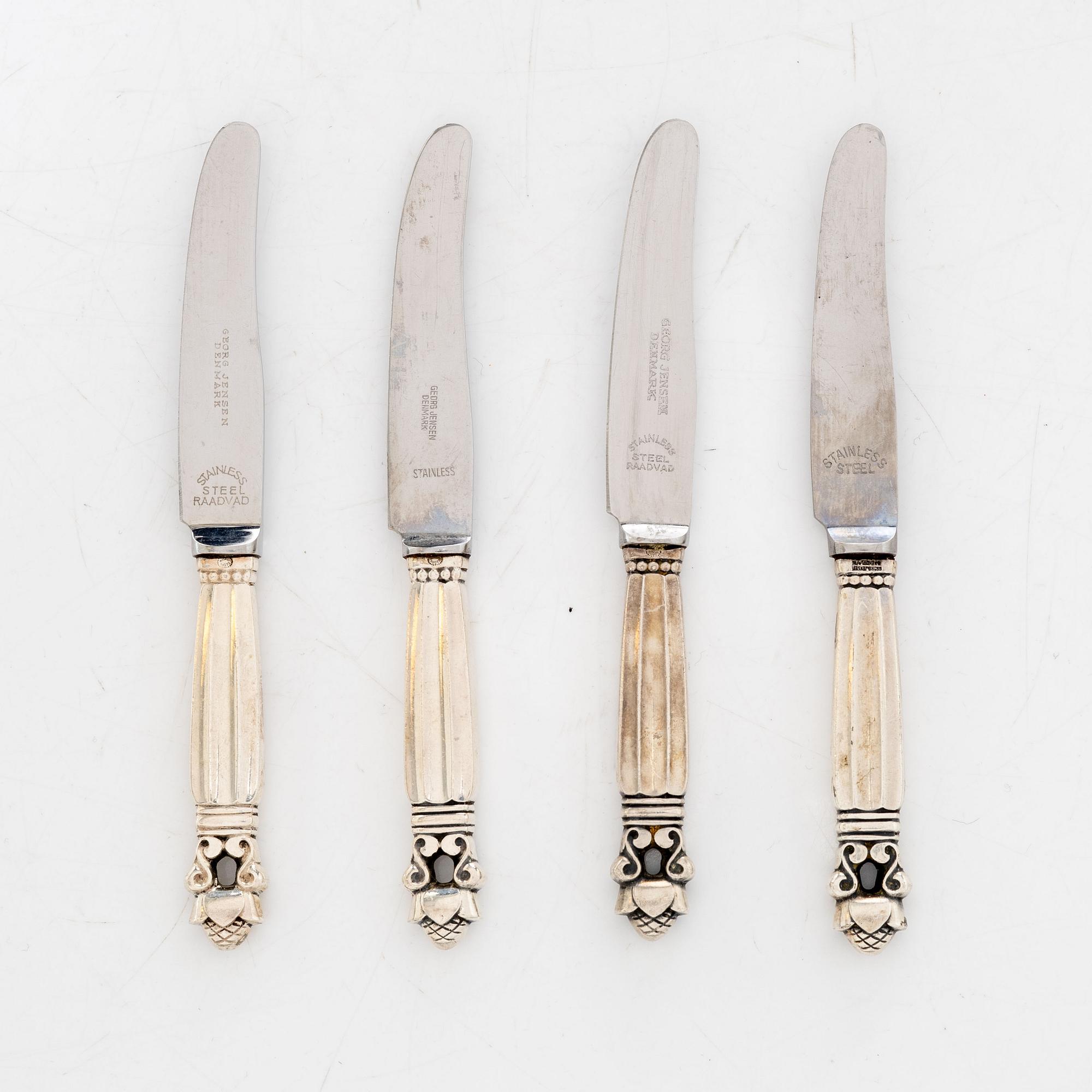 Georg Jensen, reseknivar, 4 st, silver, modell Konge/Acorn, Georg Jensen, Danmark.