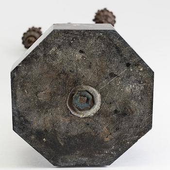 A pair of late 19th century patinated brass candelabra.