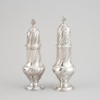 A set of three English 18th century silver sugar and spice casters, marked RP, London 1763.