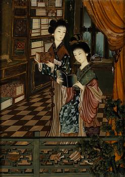 A Chinese reverse glass painting of elegant ladies, 20th century.