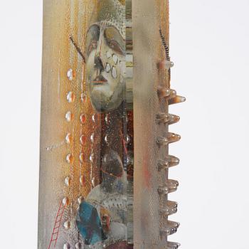 Bertil Vallien, a sand cast glass sculpture of a standing half-boat, Kosta Boda, Sweden.