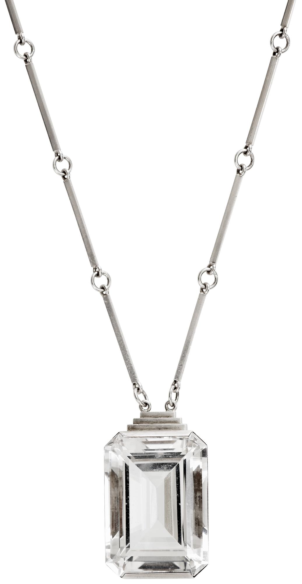 A Wiwen Nilsson sterling and facet cut rock crystal pendant and chain, Lund 1942.