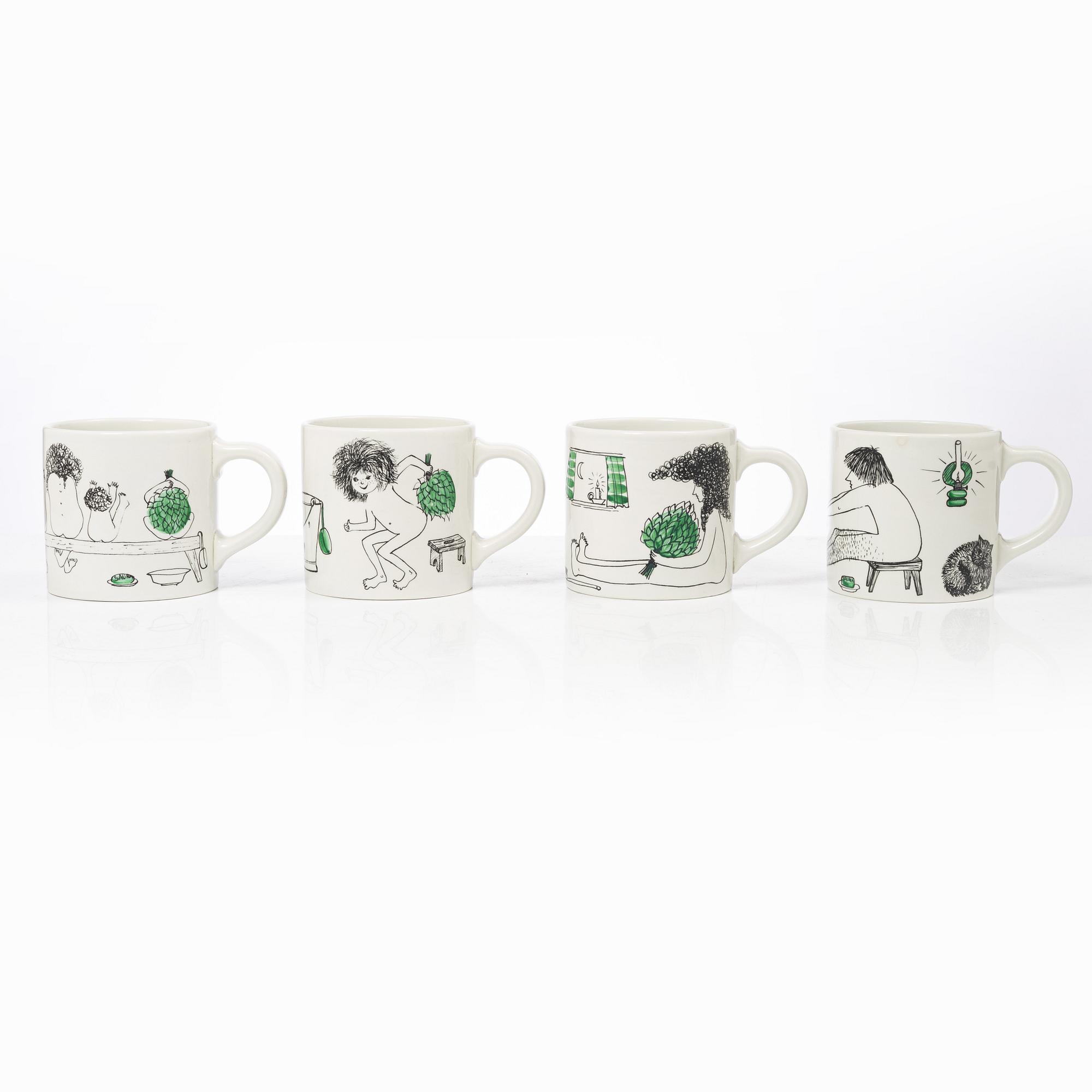 Gunvor Olin-Grönqvist, mugs, 4 pcs and a jug, Arabia, Finland, second half of the 20th century.