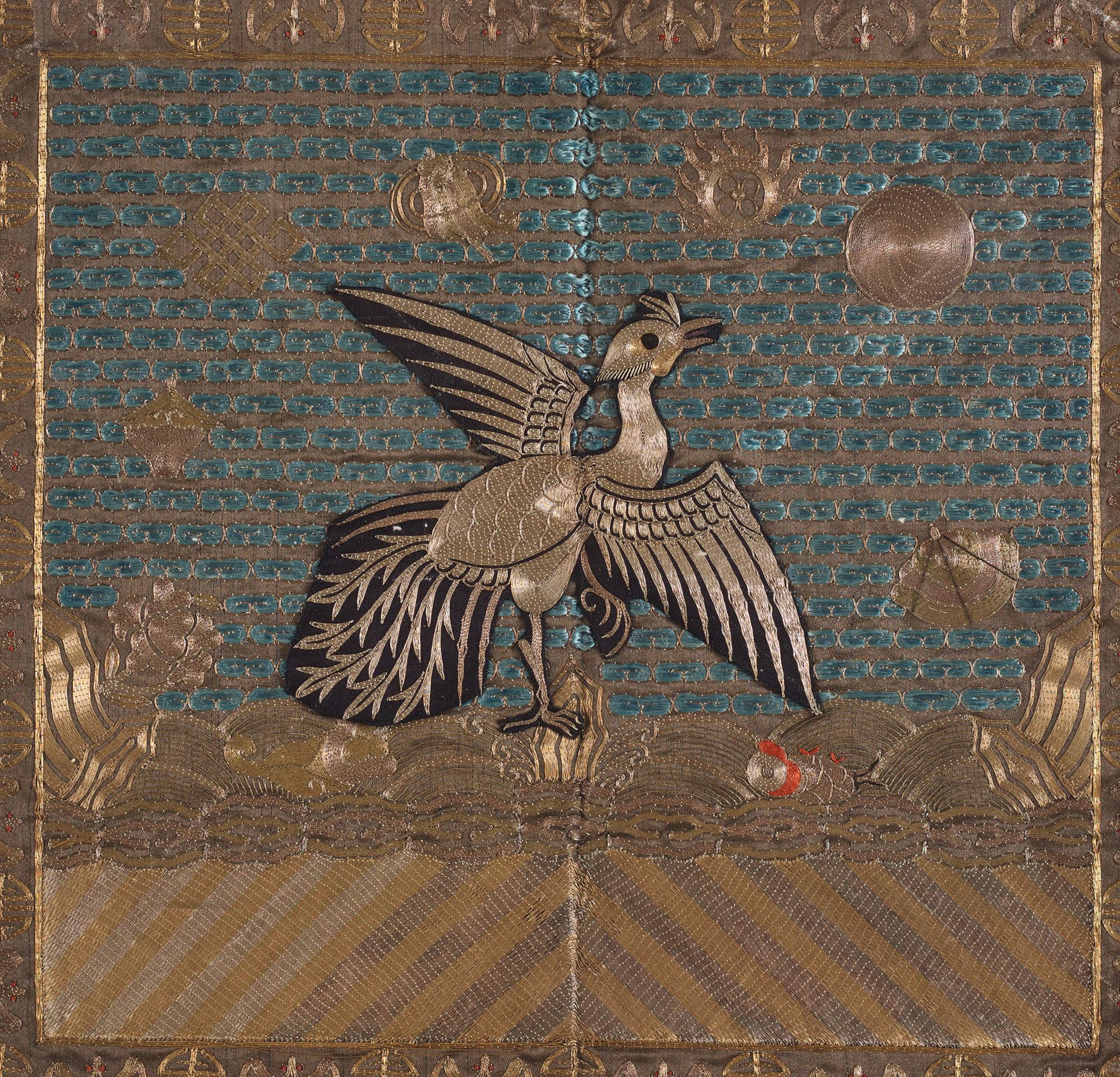 Two Chinese embroidered silk rank badges, Qing dynasty, 19th century.