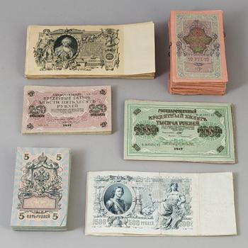 A collection of Russian banknotes 1909, 1910, 1912 and 1917.