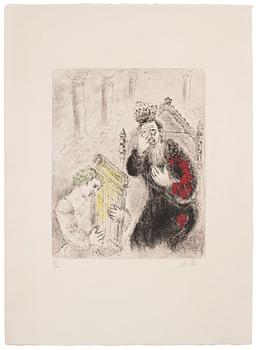 MARC CHAGALL, Etching with hand coloring, 1931-39,  signed and numbered 61/100.