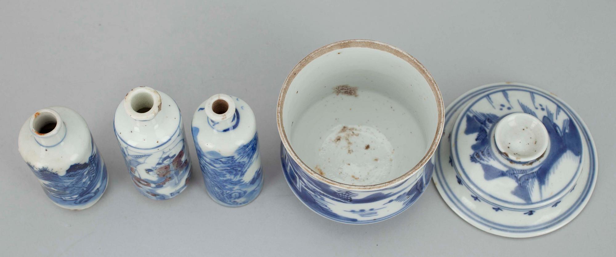 KANNELLINEN KUPPI ja NUUSKAPULLOJA, 3 kpl, posliinia, Kiina, Qing-dynastia 1800-luku.
