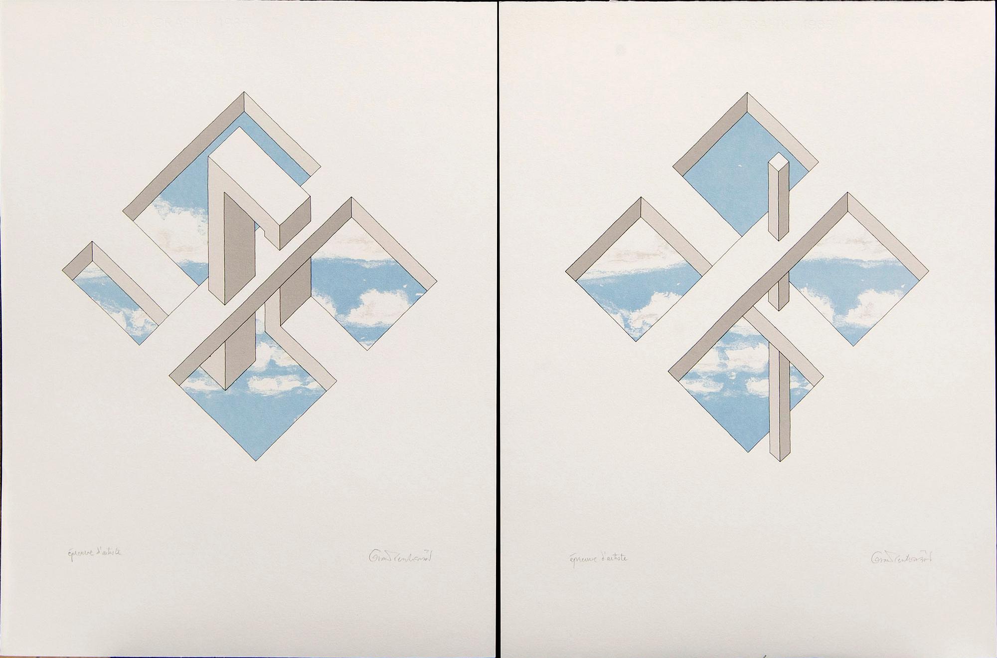 Oscar Reutersvärd, three color lithographs, signed épreuve d'artiste.