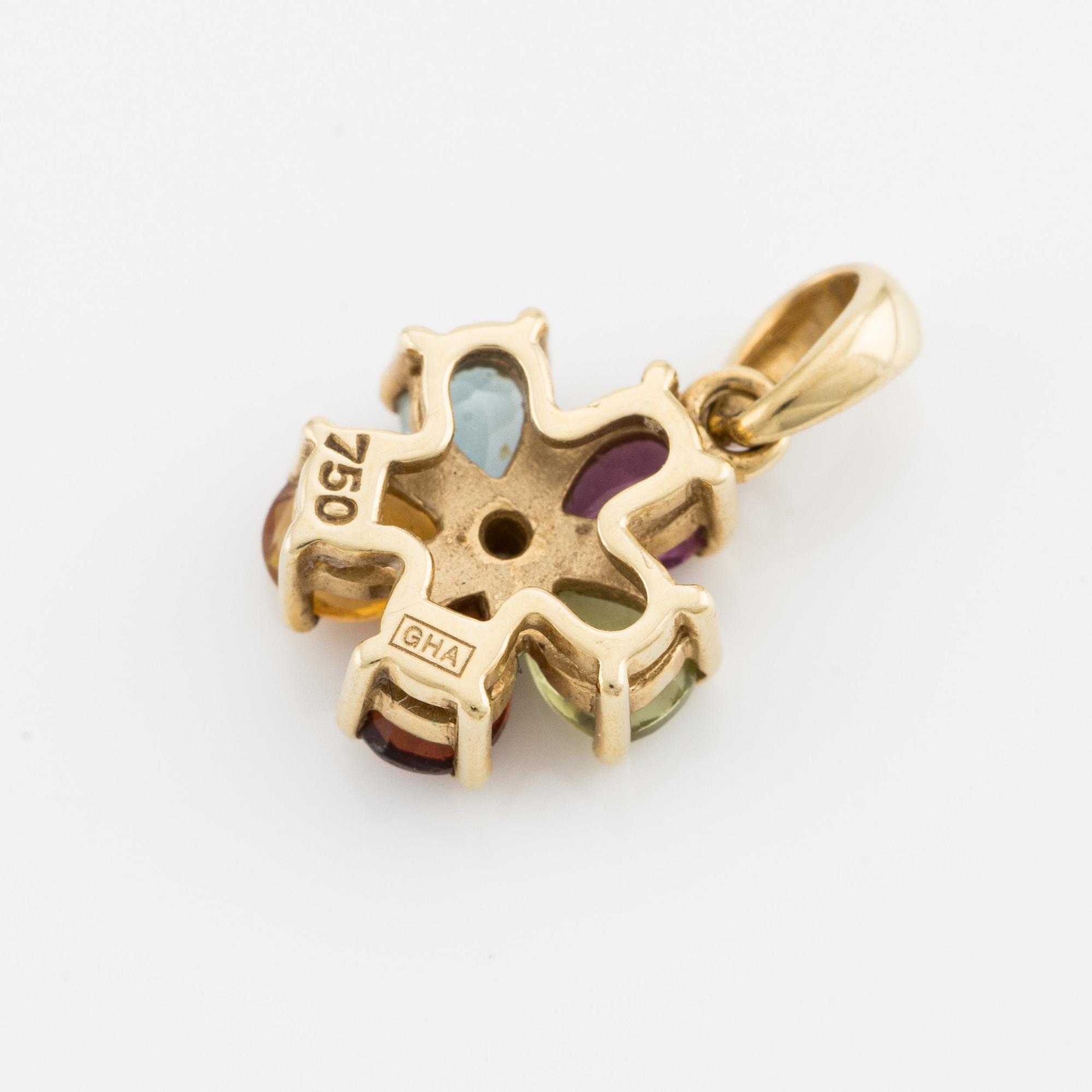 Örhängen samt hänge, 18K guld med bland annant peridot, topas och ametist och små diamanter.