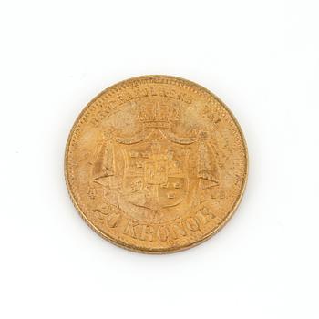 GULDMYNT, 20 kronor, Oscar II, 1876. Vikt ca 8 g.