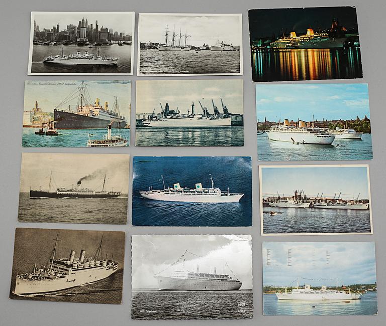 Memorabilia from the Swedish American Line, meny folders and postcards, 20th century.