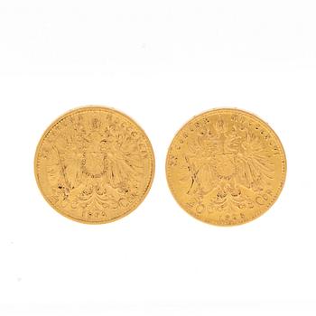 Coins 2 pcs 20 Crowns gold, Austria-Hungary 1894 and 1896.