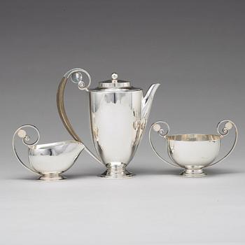 Johan Rohde, a set of three pieces of sterling coffee service, Georg Jensen, Copenhagen 1933-44, design nr 321 and 321A.