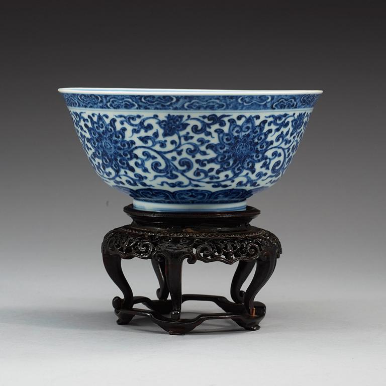 A fine blue and white 'Lotus' bowl, Qing dynasty, 18th Century, with Yongzheng six character mark.