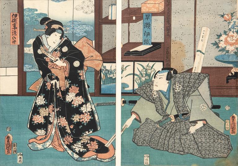 Utagawa Kunisada Toyokuni II, färgträsnitt diptyk, Japan 1800-tal.