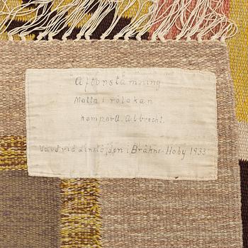 Agnes Albrecht, a carpet "Aftonstämning", flat weave, ca 340 x 246 cm, Linslöjden in Bräkne-Hoby.