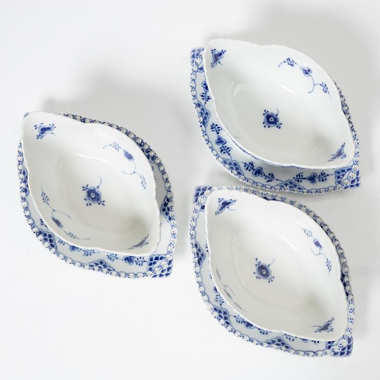 Royal Copenhagen, three sauceboats, 'Blue Fluted Full Lace', Denmark, 1979-83.