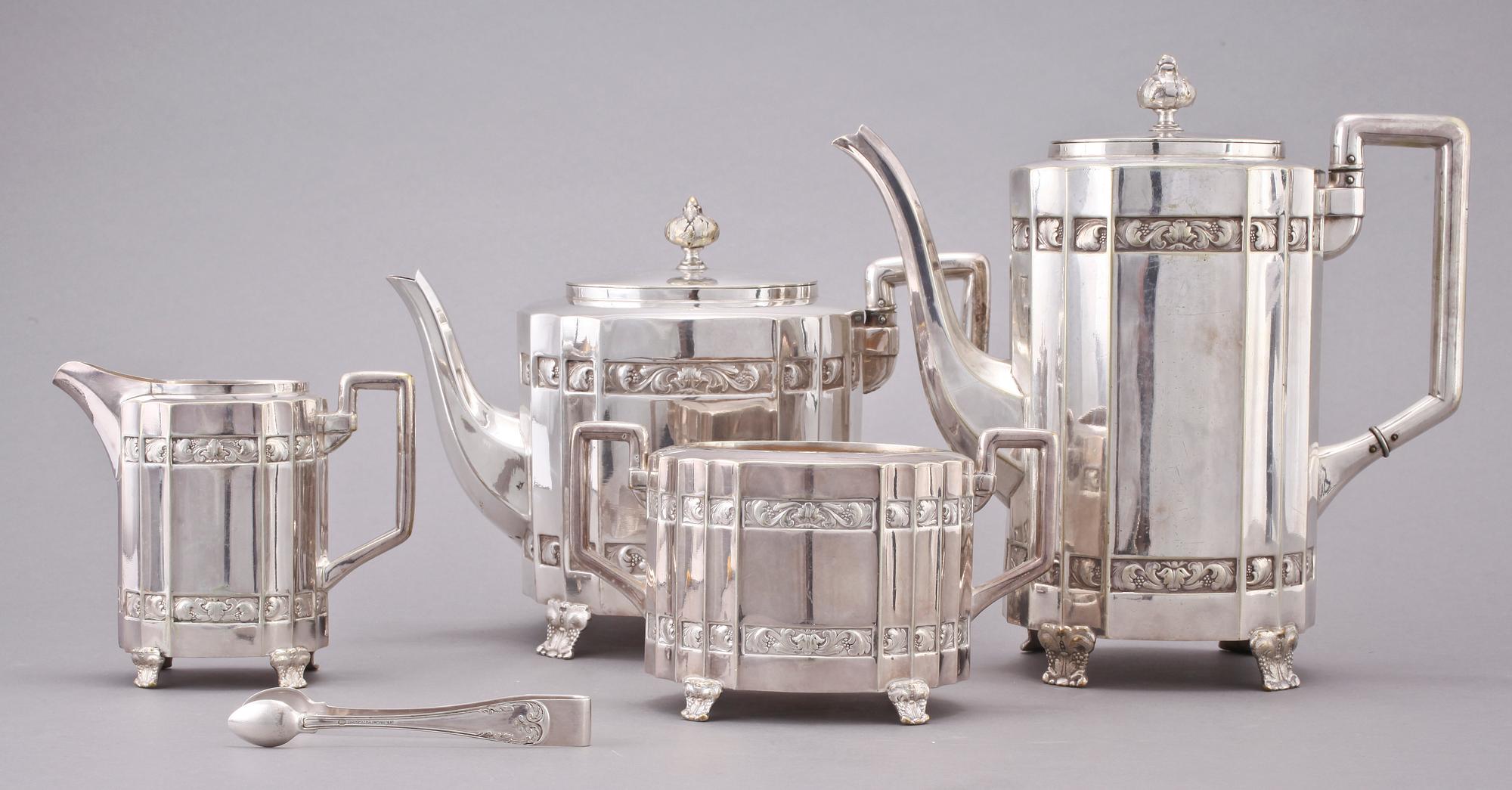 KAFFE- och TESERVIS, 5 delar, nysilver,  CG Hallberg samt GAB, 1900-talets första hälft.
