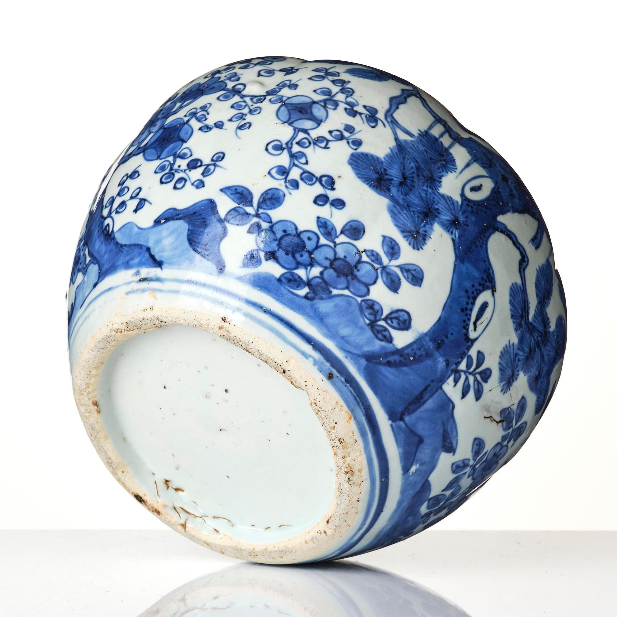 A blue and white melon shaped 'three friends of winter' jar, Ming dynasty, Wanli (1572-1620).