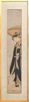 Suzuki Harunobu, dam i svart med paraply.