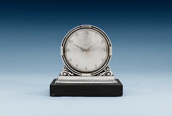 A Georg Jensen sterling mantle clock, designed by Johan Rohde, nr 596, maker's mark 1925-32.