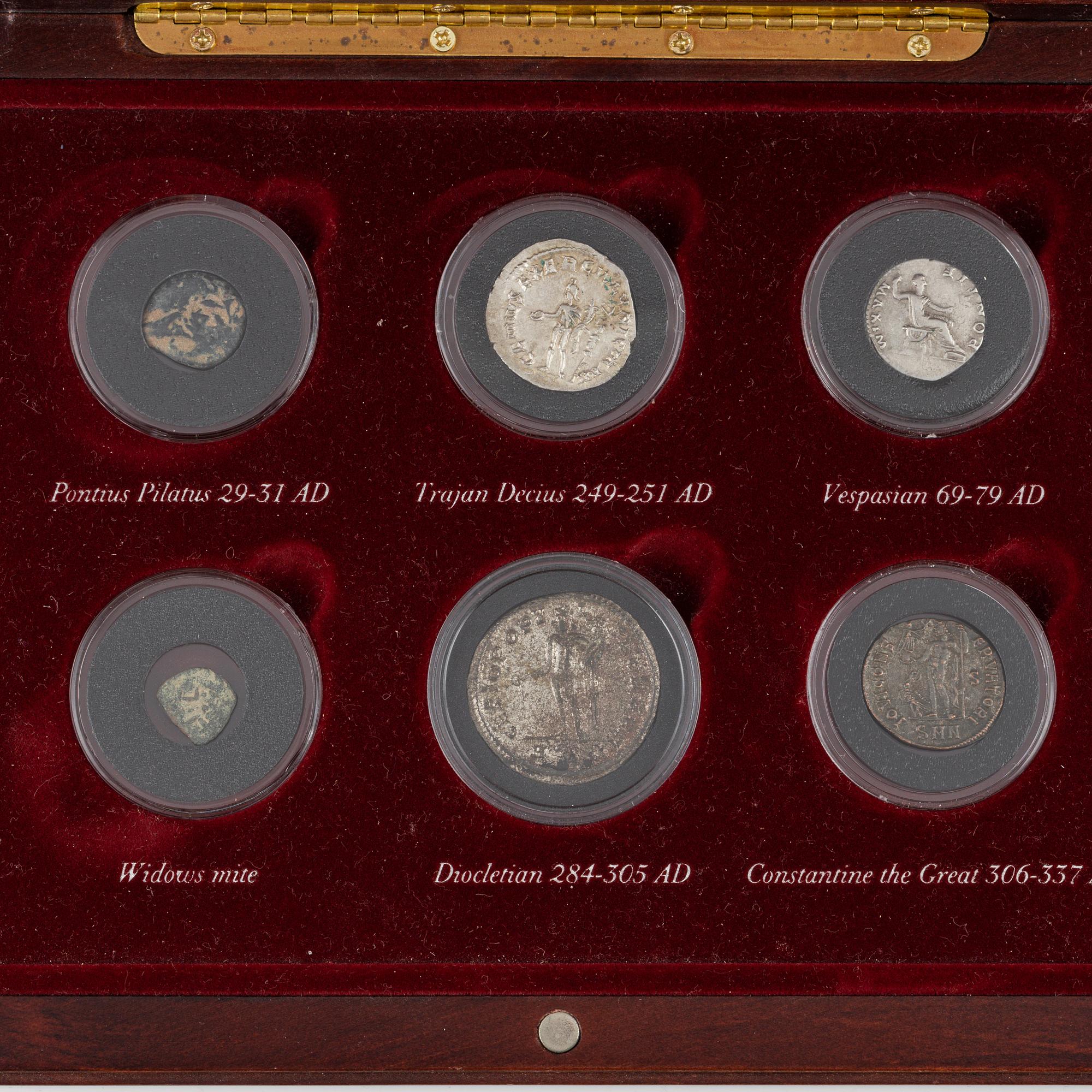 'Coins from early christianity', a set of six antique coins in case.