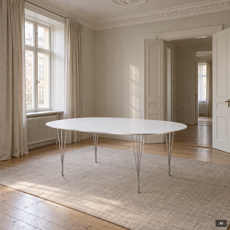 Bruno Mathsson, & Piet Hein, a dining table, 'Superellipse', Fritz Hansen, Denmark, 1988.