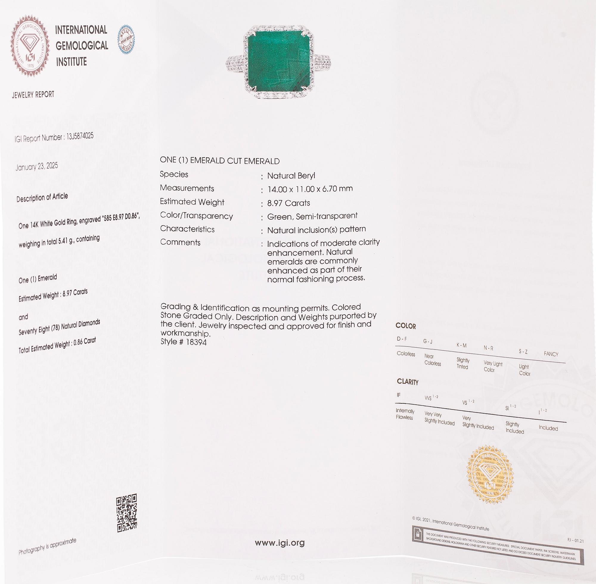 Sormus, 14K valkokultaa, smaragdi noin 8.97 ct ja timantteja.