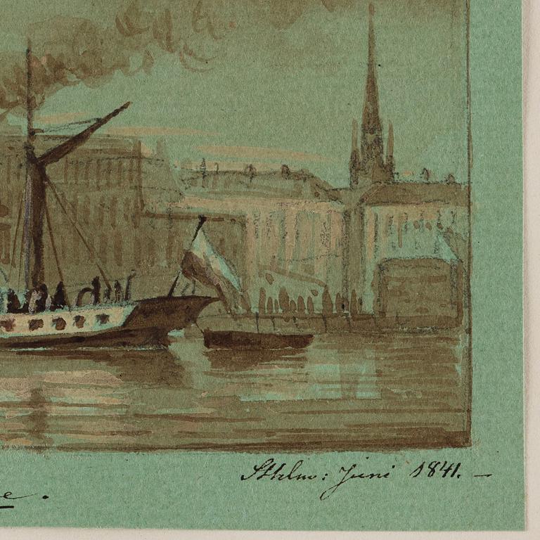 Joseph Magnus Stäck, "Minne". A wheel steamer beside Stockholms slott.