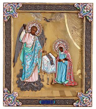 462. A Russian 20th century silver-gilt and enameled icon, Moscow 1899-1908.