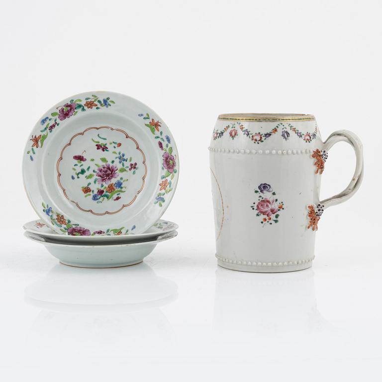 A porcelain Famille Rose Mug and three Dishes, China, Qinlong (1736-95).