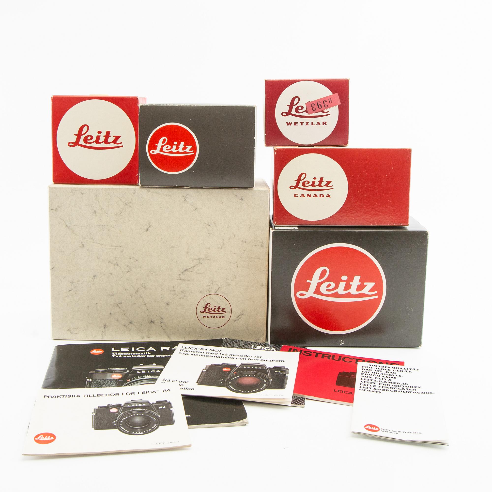 Leica R4s camera body, lens, and accessories.