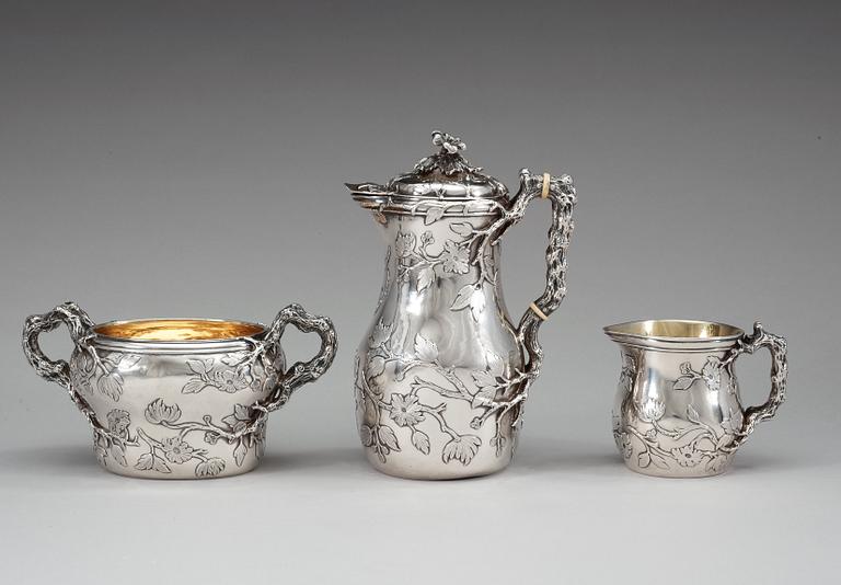 A Swedish 19th century parcel-gilt four piece coffée-set, makers mark of Gustaf Möllenborg, Stockholm 1849.