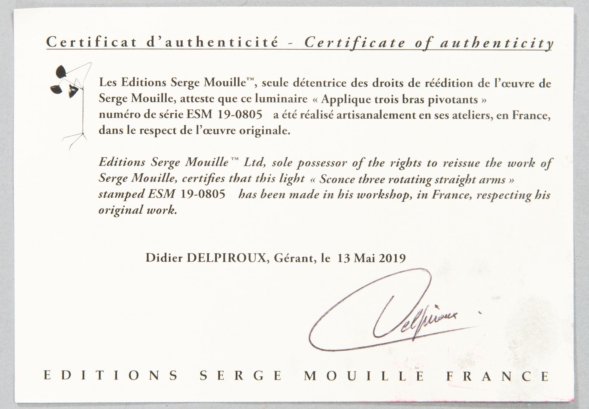 Serge Mouille, vägglampa, "Sconce three rotating straight arms", Frankrike 2019.
