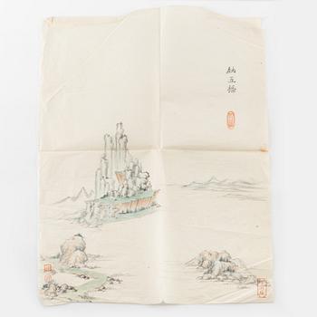 Two Chinese books with ink wash paintings, two ink drawings on paper, artists seals Hu Xihe and Na Wufu, 20th century.