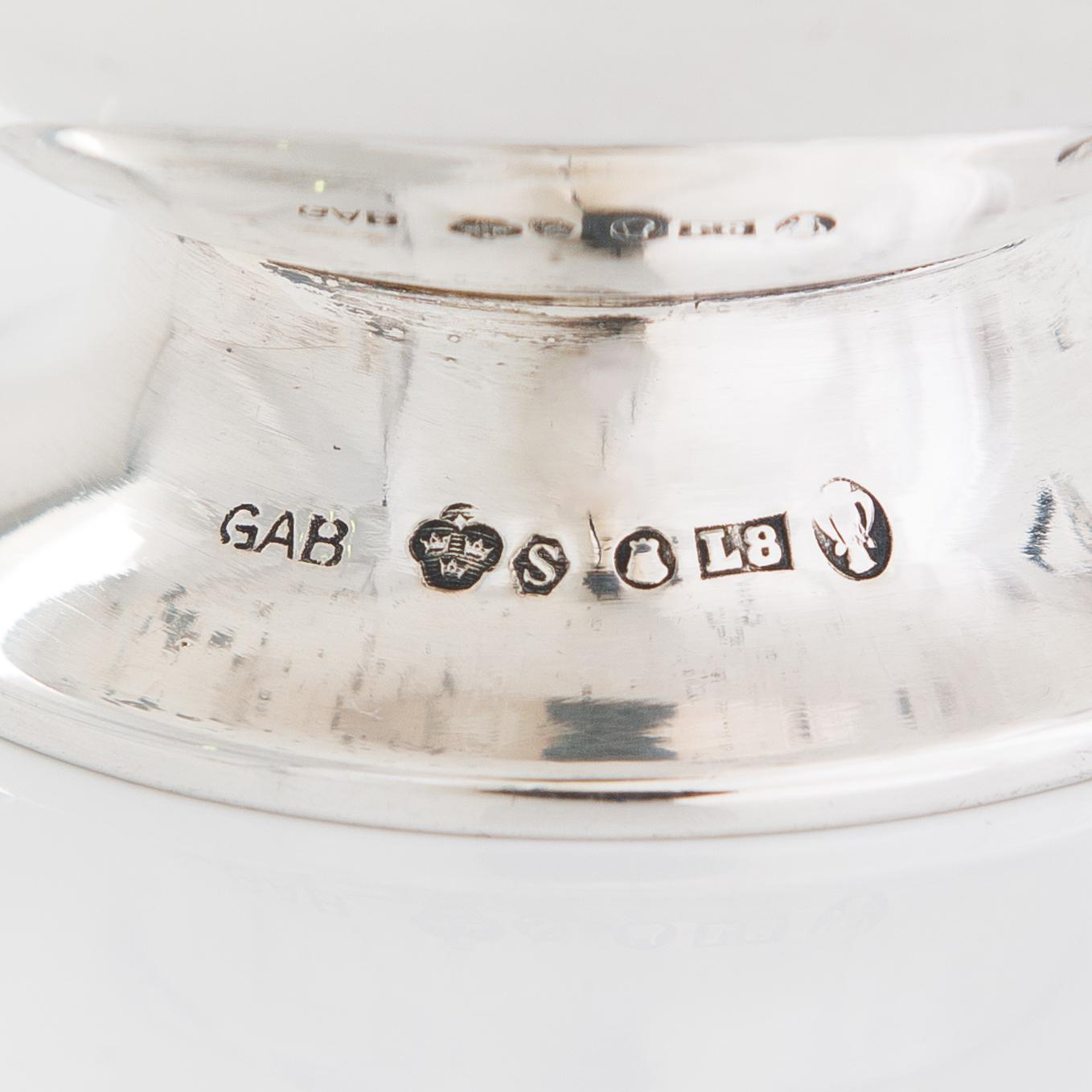 Two sterling silver bowls, Gustav Jansson 1955, 1960, and eight similar silver punsch cups, GAB and CGH 1933-41. Sweden.
