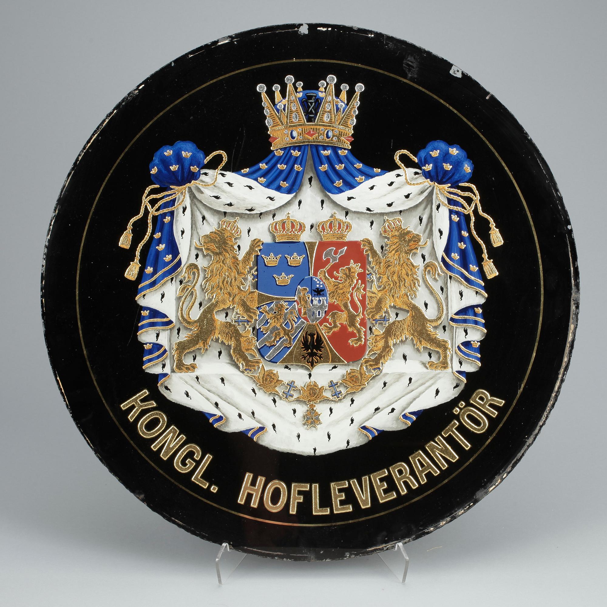 SKYLT, glas, "Kunglig Hovleverantör", 1800-talets slut.