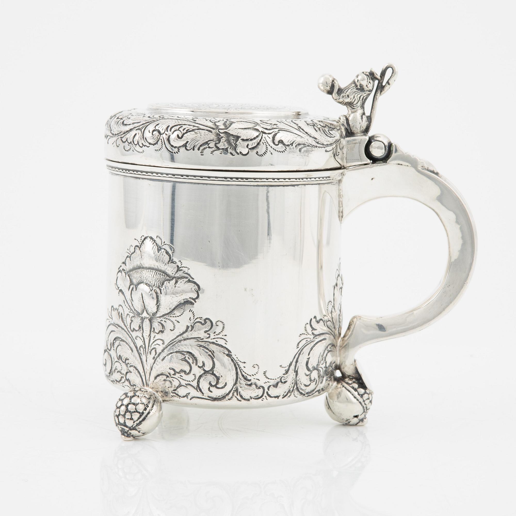 Stop samt konfektskål, silver, barockstil, fantasistämplar, omkring 1900.