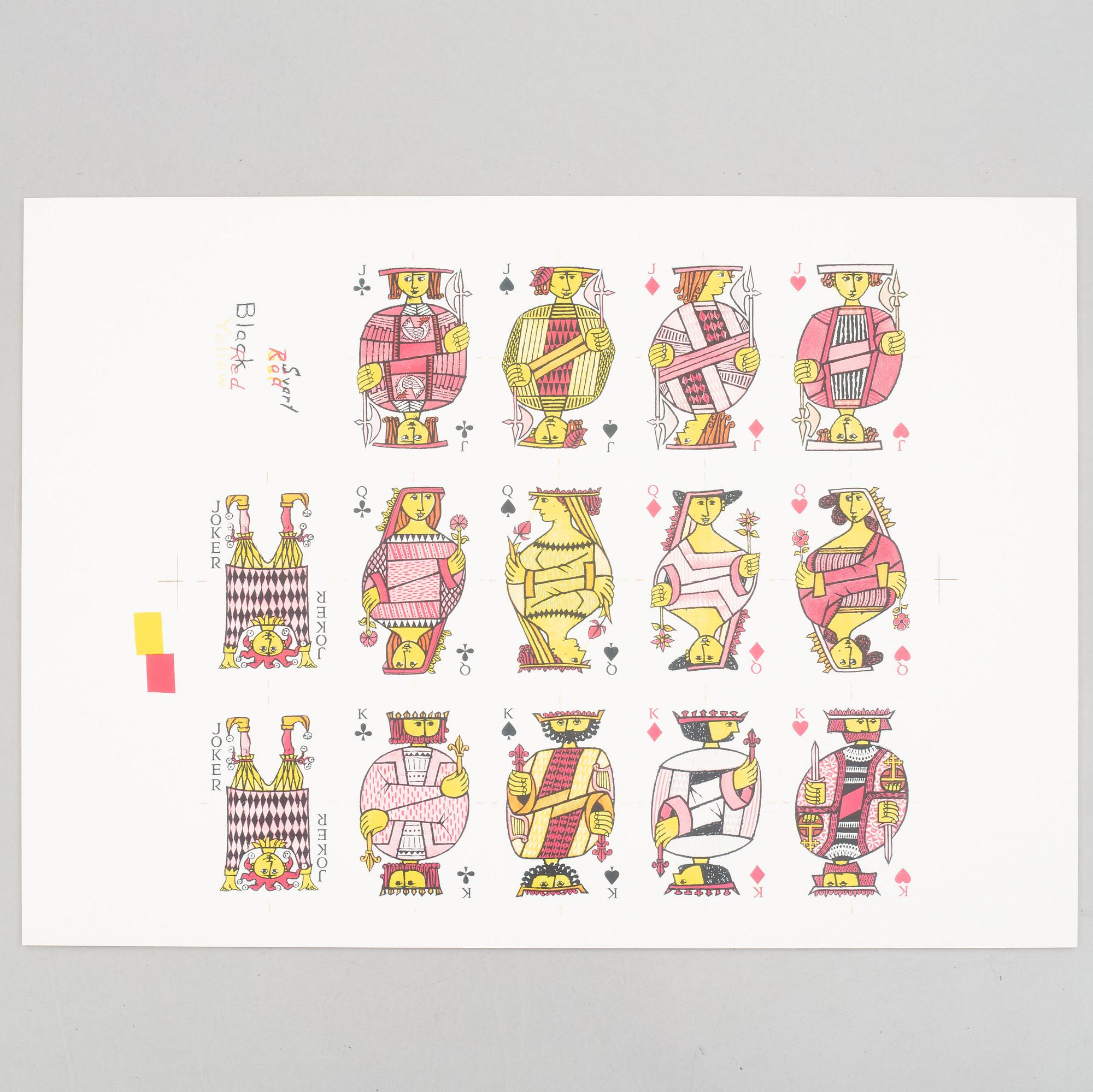 Stig Lindberg, two "Comedia" decks of cards, and an artist's proof print for "Comedia".