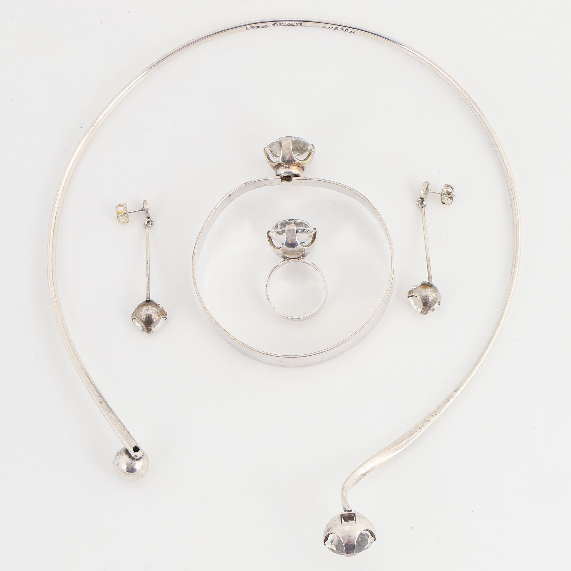 Pege Alton, silver and rock crystal, necklace, ring, bangle and earrings.