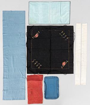 A group lot of embroidered silk textiles and a silk sowing purse, late Qing dynasty/early 20th century.