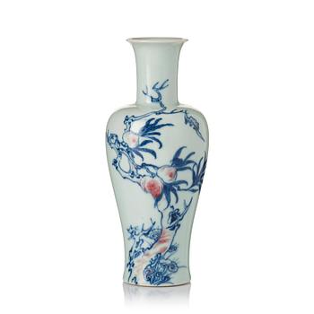 887. A blue and white and iron red peach and bats vase, possibly Republic with Yongzheng mark.