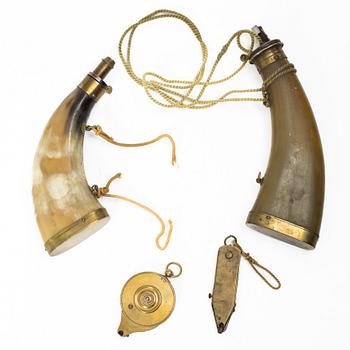 Two percussion cap containers 199th century, and two powder horns.