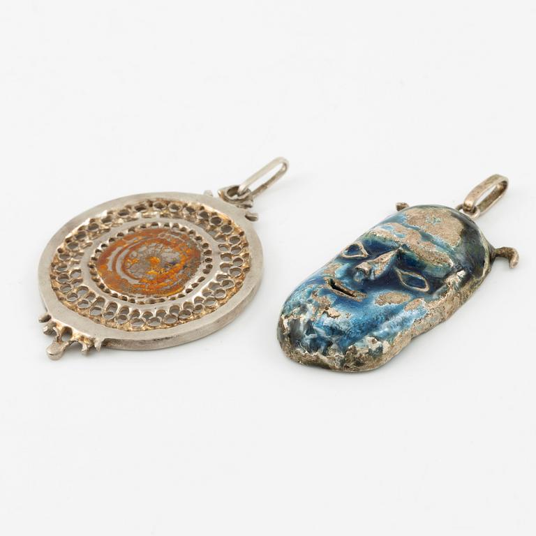Lars Arrhenius, three pendants and a pair of earrings, sterling silver and enamel, Gothenburg, among others, 1969 and 1972.